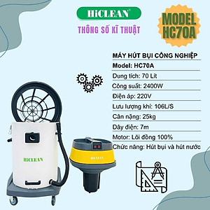Máy hút bụi công nghiệp HiClean HC70A (thùng nhựa chống va đập, 70L) - Hàng chính hãng