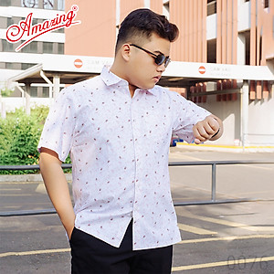 Áo sơ mi nam chấm bông, họa tiết nhỏ, tay ngắn, dáng rộng, tà bằng, chất liệu vải mềm mát, Amazing, big size