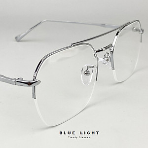 Gọng Kính Cận, Kính Giả Cận Nam Nữ Mắt Vuông Cỡ Vừa, Nửa Gọng Kim Loại Cứng Cáp, Màu Bạc, Đen - BLUE LIGHT