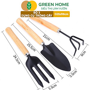 Dụng Cụ Làm Vườn Greenhome, D25cm, Cán Gỗ, Lưỡi Thép, Gồm Xẻng Xúc Đất, Cào, Chĩa, Trồng Cây, Làm Cỏ Dễ Dàng
