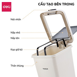 Thùng rác đạp 10,15L mở 2 cách có kẹp túi Deli Thùng rác nắp bật nhấn nút sọt rác phòng khách phòng ngủ