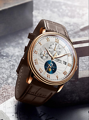 Đồng hồ nam chính hãng LOBINNI LB11023G-D1 Kính sapphire chống xước,chống nước 50m,mặt trắng vỏ vàng hồng dây da nâu xịn, thép không gỉ 316L,Đồng hồ cơ (Automatic) bảo hành 24 tháng,thiết kế đơn giản và sang trọng