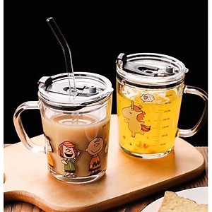 Ly Thuỷ Tinh Có Vạch Chia Ml / Cốc Thuỷ Tinh Chia Vạch Ml Lường nước Có Nắp Đậy Chống Tràn Kèm Ống Hút Cho Bé- Hàng chính hãng