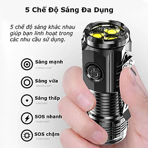 Đèn Pin Cầm Tay Siêu Sáng Mini Có Sạc USB Chiếu Xa 5 Chế Độ Sáng, Pin Trâu Chống Thấm Nước, Tiện Dụng – Hàng Nhập Khẩu