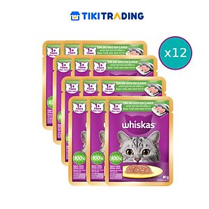 [Combo 12 Gói] Thức Ăn Cho Mèo WHISKAS 1+ years Vị Cá Ngừ, Cá Trắng 80g/Gói