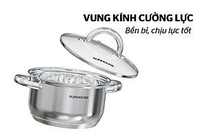 Bộ nồi inox 3 đáy Sunhouse SHG361, Chất liệu inox sáng bóng an toàn cho sức khỏe, Vung kính cường lực siêu bền, Tay cầm và núm vung bọc silicon chịu nhiệt, chống bỏng, an toàn, Sử dụng trên mọi loại bếp - Hàng chính hãng