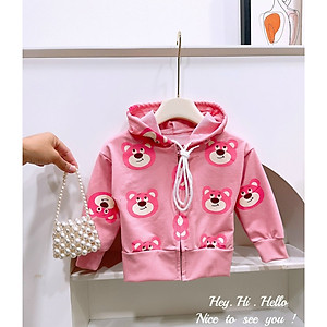Áo khoác chống nắng có nón cho bé gái hình Gấu dâu lotso từ 10-30kg chất da cá mịn mát