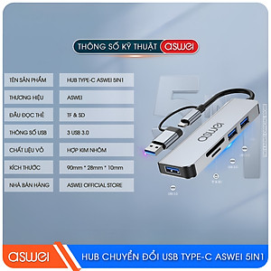 Hub Chuyển Đổi USB Type C ASWEI - 4 in 1, 5 in 1, 6 in 1, 7 in 1, 8 in 1 - HDMI, USB 3.0, PD, SD, TF, RJ45, Audio 3.5mm - Tốc Độ Cao, Hàng Chính Hãng