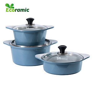 [CHÍNH HÃNG] Bộ 3 Nồi Vân Đá Ecoramic Chống Dính Đáy Từ – Đúc Nguyên Khối – Phủ Nano Ceramic – Dùng Cho Mọi Loại Bếp – Tặng Nhấc Nồi Silicon