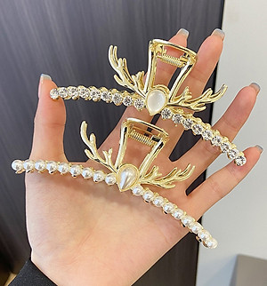 Cài tóc kim loại ngọc trai dạng dài sừng nai mẫu mới