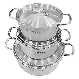 Bộ Nồi Inox 430 cao cấp 1 Đáy Fivestar 3 Chiếc Nắp Inox , dùng được mọi bếp , tặng 1 rổ inox 22cm