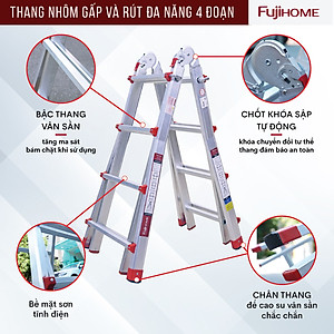 Thang nhôm trượt đa năng FUJIHOME ML44, thang gấp rút 4 đoạn cao chữ A 2m, chữ I 4 m linh hoạt 5 kích thước-Hàng chính hãng