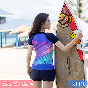 Bộ bơi nữ big size cao cấp, mẫu 2 mảnh áo cộc tay có khóa kéo trước, quần boxer trẻ trung, chất thun bơi lạnh Lycra co giãn đa chiều, dày dặn mịn mát, chống thấm nước nhanh khô | KT110