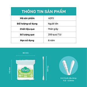 Combo 05 Tăm Bông Niva Túi 200 Que Thân Giấy AZP3 Đa Năng Chuyên Dùng Ngoáy Tai, Vệ Sinh, Trang Điểm, Thân Thiện Môi Trường