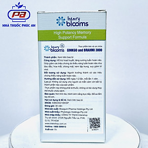 Viên uống bổ não, tăng cường trí nhớ Ginkgo and Brahmi 3000 Henry Blooms 30 - 60 viên