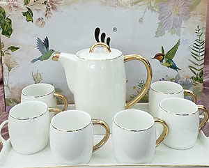 Bộ ấm chén kèm khay sứ camelia pha trà cà phê màu trắng - ANTH467