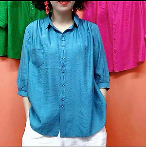 Áo sơ mi kiểu tay lỡ cổ đức, chất liệu Đũi tơ mềm mát, thấm hút mồ hôi, áo kiểu nữ dễ thương, NeSa Shop AT12