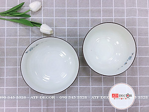 Bộ bát đĩa men kem Bát Tràng cao cấp vẽ đào xanh