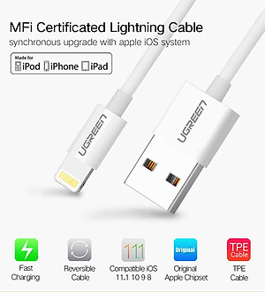 Dây USB lighting dài 1m có chip mFI cao cấp chính hãng UGREEN 20728