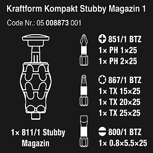 Dụng cụ mở vít Wera 05008873001 Kraftform Kompakt Stubby magazine 1 gồm 6 cái, dẹp, hoa thị và 4 cạnh