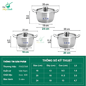 Bộ Nồi Inox 430 Bếp Từ Fivestar 3 Chiếc Nắp Inox Tặng 5 Muỗng Ăn Inox
