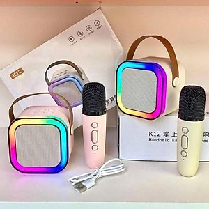 Loa Bluetooth mini kèm 2 micro hát karaoke không dây - Mic hát karaoke âm thanh chất lượng lọc âm khử nhiễu LED RGB - Hàng Nhập Khẩu
