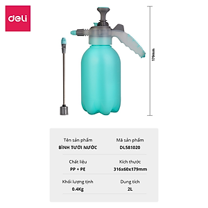 Bình Xịt Tưới Cây Deli 2 Lít, 2 Vòi Dài / Ngắn Tiện Dụng, Phun Sương Tưới Cây Cảnh, Làm Vườn, Chất Liệu An Toàn DL581020