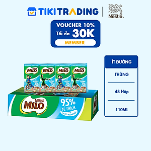 Sữa lúa mạch Nestlé MILO ÍT ĐƯỜNG - thùng 48 hộp x 110ml