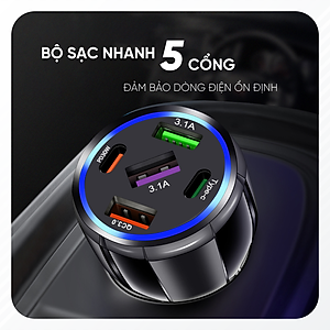 Tẩu Sạc Xe Ô Tô Chia 5 Cổng USB Type C Chuẩn PD, Cổng Quick Charge 3.0 | Kích Thước Nhỏ Gọn, Sạc Nhanh, Dòng Điện Ổn Định