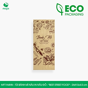 MFT1N4NN - 24x9.5x4.5 cm -100 Túi bánh mì Nâu, in sẵn họa tiết BEST STREET FOOD - Bao bánh mì Túi giấy thực phẩm an toàn