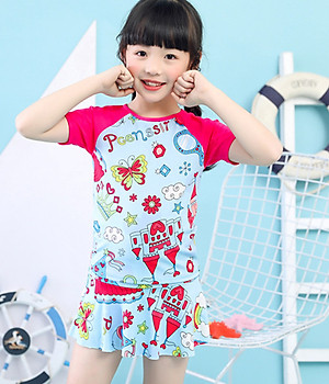 Đồ Bơi Bé Gái Hai Mảnh Áo Ngắn Tay Quần Váy BB031 MayHomes Họa Tiết Hình Dễ Thương
