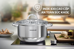Bộ nồi inox 3 đáy Sunhouse SHG361, Chất liệu inox sáng bóng an toàn cho sức khỏe, Vung kính cường lực siêu bền, Tay cầm và núm vung bọc silicon chịu nhiệt, chống bỏng, an toàn, Sử dụng trên mọi loại bếp - Hàng chính hãng