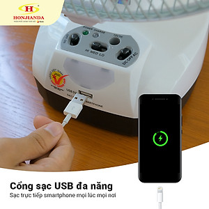 Quạt sạc tích điện Honjianda FL 301 - tích hợp đèn LED & cổng USB - Hàng chính hãng