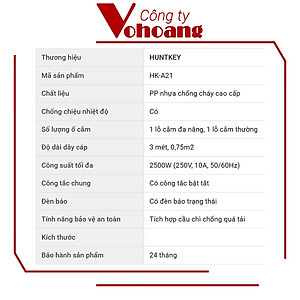 Ổ cắm điện 2 lỗ cắm Huntkey HK-A21 dây dài 3 mét, chịu tải 2500W với 1 lỗ cắm đa năng - Hàng chính hãng