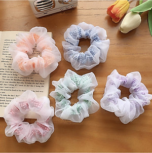 Dây buộc tóc Scrunchies 2 lớp kẻ và voan dễ thương HD97