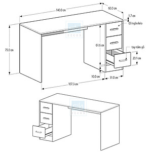 Bàn Học Tập, Làm Việc Đơn Giản Nhiều Tủ Ngăn Kéo, Chân Bàn Kết Hợp Kệ Sách SIB Decor BLV66