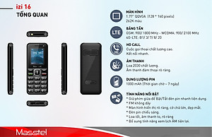 Điện thoại Masstel izi 16 4G(LTE) , Bàn phím nổi, FM không dây - Hàng chính hãng