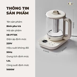 Bình Pha Trà BEAR 1,5L Ấm Thủy Tinh Đun Nước Giữ Nhiệt Hẹn Giờ Có Lưới Lọc Bảo Hành 18 Tháng - SB-PT15K 1000W