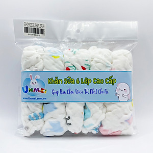 Khăn Sữa Cotton Unmei 6 lớp cho Bé, 30x30cm, Khăn Vải Xô Dày dặn, Thấm Hút Tốt, Màu Trắng Hoa văn ngẫu nhiên