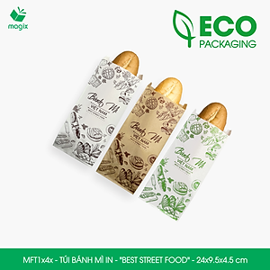 Combo 100 Túi bánh mì 24x9.5x4.5 cm - In sẵn họa tiết BEST STREET FOOD - Bao bánh mì Túi giấy thực phẩm an toàn