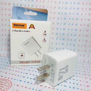 Củ sạc Ham mer H-S14, dòng điện 2.4A công suất 12W có 2 cổng (Type C và cổng USB), Check Qr hàng chính hãng