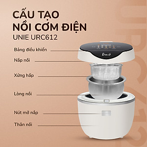 Nồi cơm điện tử UNIE URC612 ,công nghệ nấu cơm giảm đường, lòng nồi inox 304, dung tích 1,2L,công suất 500W, hàng chính hãng BH 12 tháng 