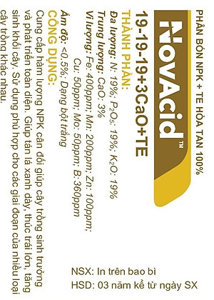 Phân Bón Hoà Tan Israel NovAcid 19-19-19+3CaO+Te là Phân Bón Lá hòa tan 100% trong nước dùng qua hệ thống tưới nhỏ giọt hay tưới phun sương cho hoa và cây