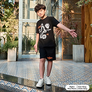 Đồ bộ bé trai cộc tay Hàn Quốc Bigfox Miss Meow  size đại áo ngắn tay quần đùi vải cotton in bóng rổ cỡ 12-15 tuổi 40kg 50kg