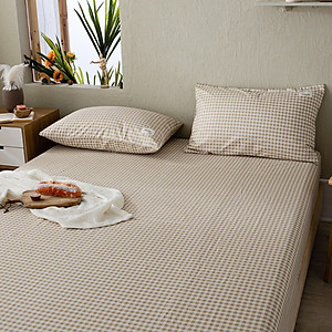 Bộ Ga Gối Cotton Tici Kẻ LIDACO Cao Cấp - Caro Nâu Nhạt