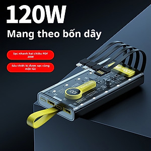 Sạc Dự Phòng trong suốt 30000mAh - sạc siêu nhanh, tích hợp 4 cáp, 2 cổng usb, sạc cùng lúc nhiều điện thoại - Hàng chính hãng