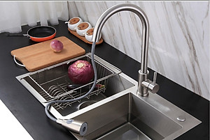 Chậu rửa bát inox304 bán nguyệt 5li chống xước 7546 Valenza, vòi rửa bát rút dây nóng lạnh 01, bộ xả 18cm, khay inox, rổ inox lỗ, bình rửa bát, rửa ly cốc