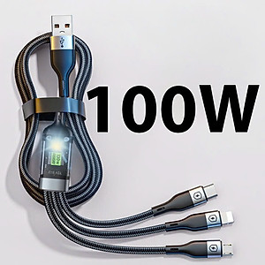 Dây Sạc 3 Đầu, Dây Sạc Nhanh 100W Với 3 Đầu Sạc Phù Hợp Với Nhiều Dòng Điện Thoại Dài Khoảng 1 Mét - Hàng Nhập Khẩu