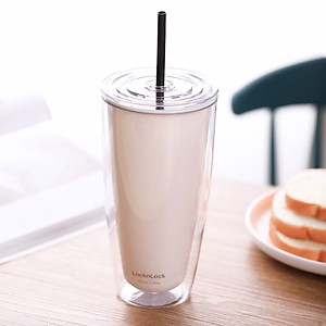 Ly nhựa 2 lớp Lock&Lock HAP507 750ml - Hàng chính hãng, có ống hút, có nắp đậy - Tặng kèm cọ rửa