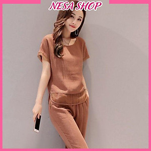Đồ bộ trung niên tay ngắn cho Bà cho Mẹ, chất liệu Đũi mát mẻ, thấm hút mồ hôi, đồ bộ mặc nhà NeSa Shop ĐBH.27